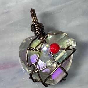 Handmade Heart Prism Crystal Pendant Necklace with faceted accents Wire-Wrapped